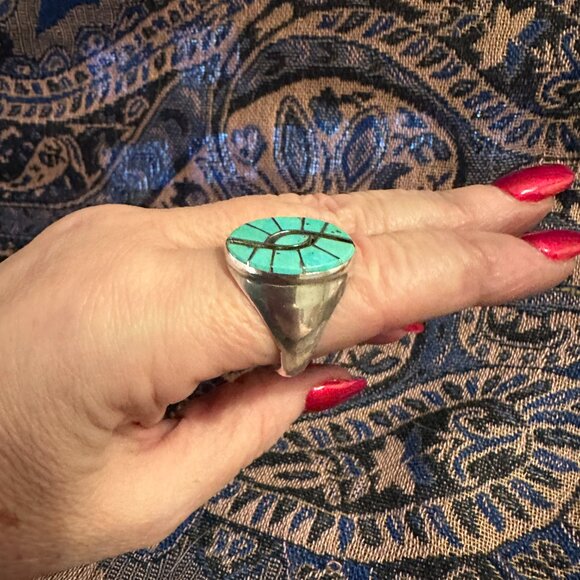 Turquoise and Obsidian Sterling Silver Ring - Picture 2 of 4